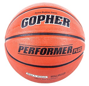 Rubber basketball with orange color and black text